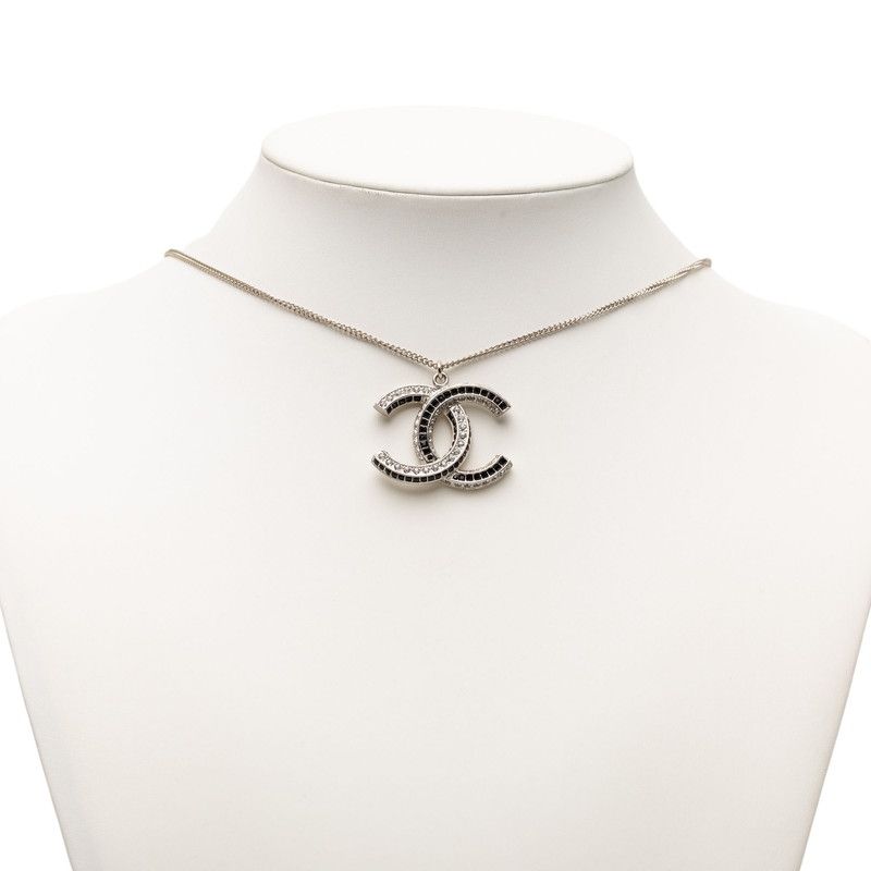 Chanel CC Logo Rhinestone Necklace Silver Black Metal — view 7