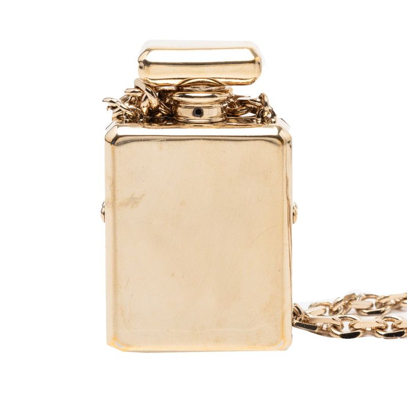Chanel CC Logo Perfume Bottle Chain Pendant Necklace Gold Plated Faux Pearl — view 3