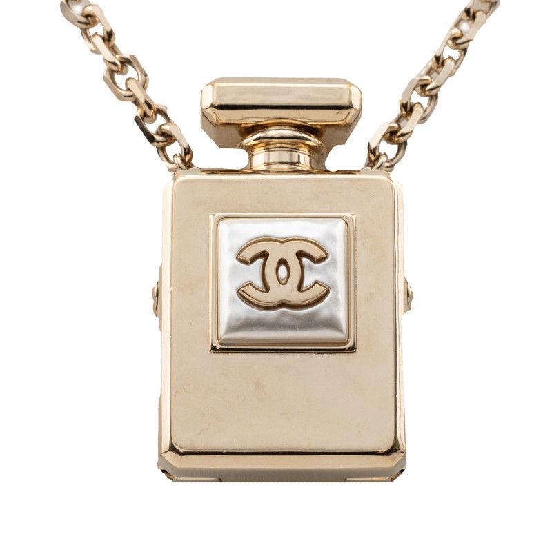 Chanel CC Logo Perfume Bottle Chain Pendant Necklace Gold Plated Faux Pearl — view 2