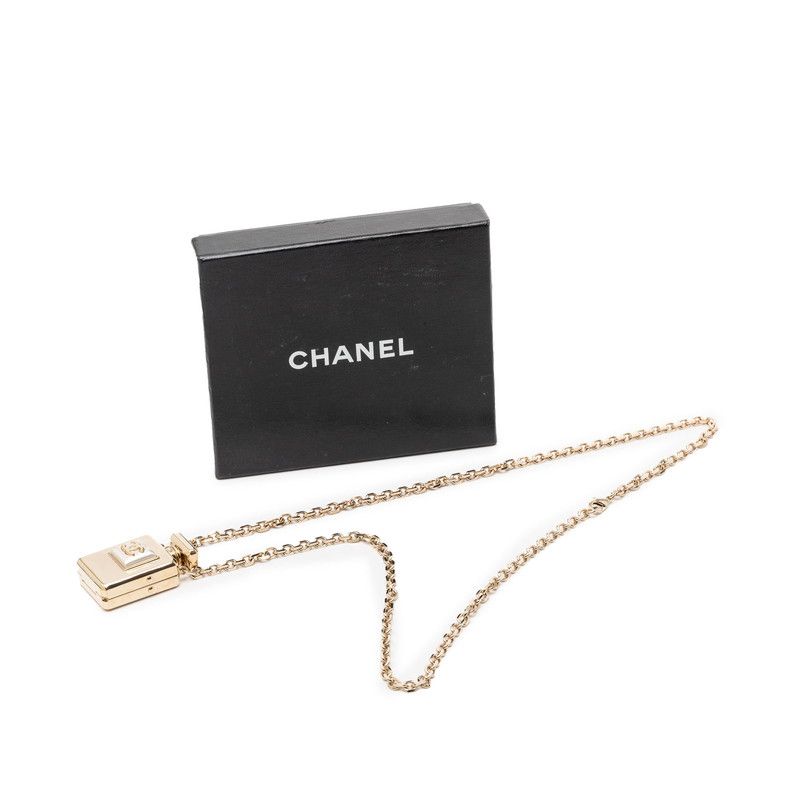 Chanel CC Logo Perfume Bottle Chain Pendant Necklace Gold Plated Faux Pearl — view 6