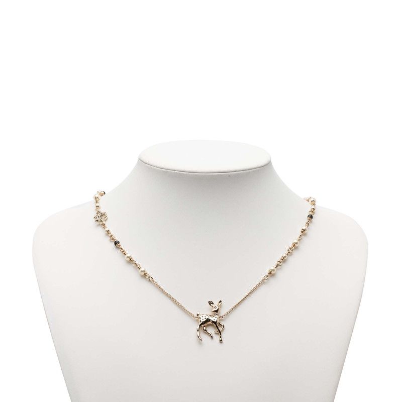 Chanel CC Logo Deer Motif Chain Pendant Necklace Gold Plated Faux Pearl Line — view 4