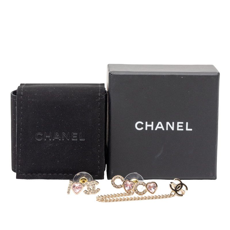 Chanel I Love CC Logo Heart Rhinestone Earrings Gold Pink Plated — view 4