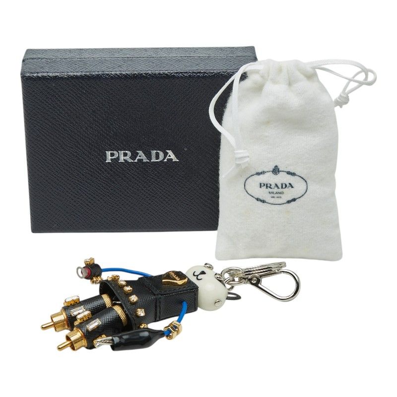 Prada Cat Robot Key Holder Black Leather Rhinestone Plated — view 5