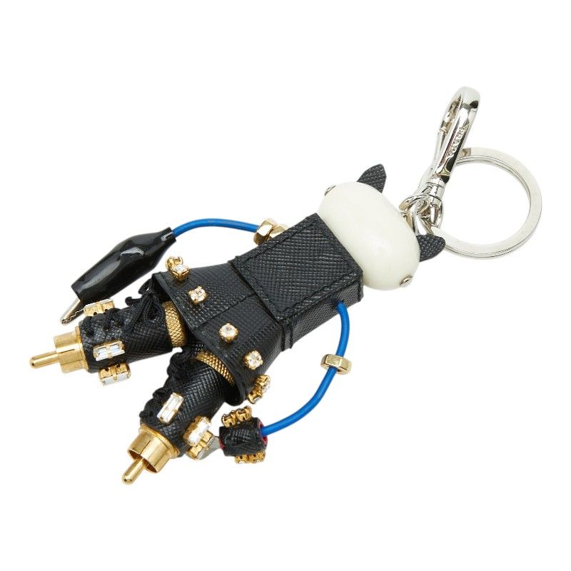 Prada Cat Robot Key Holder Black Leather Rhinestone Plated — view 2