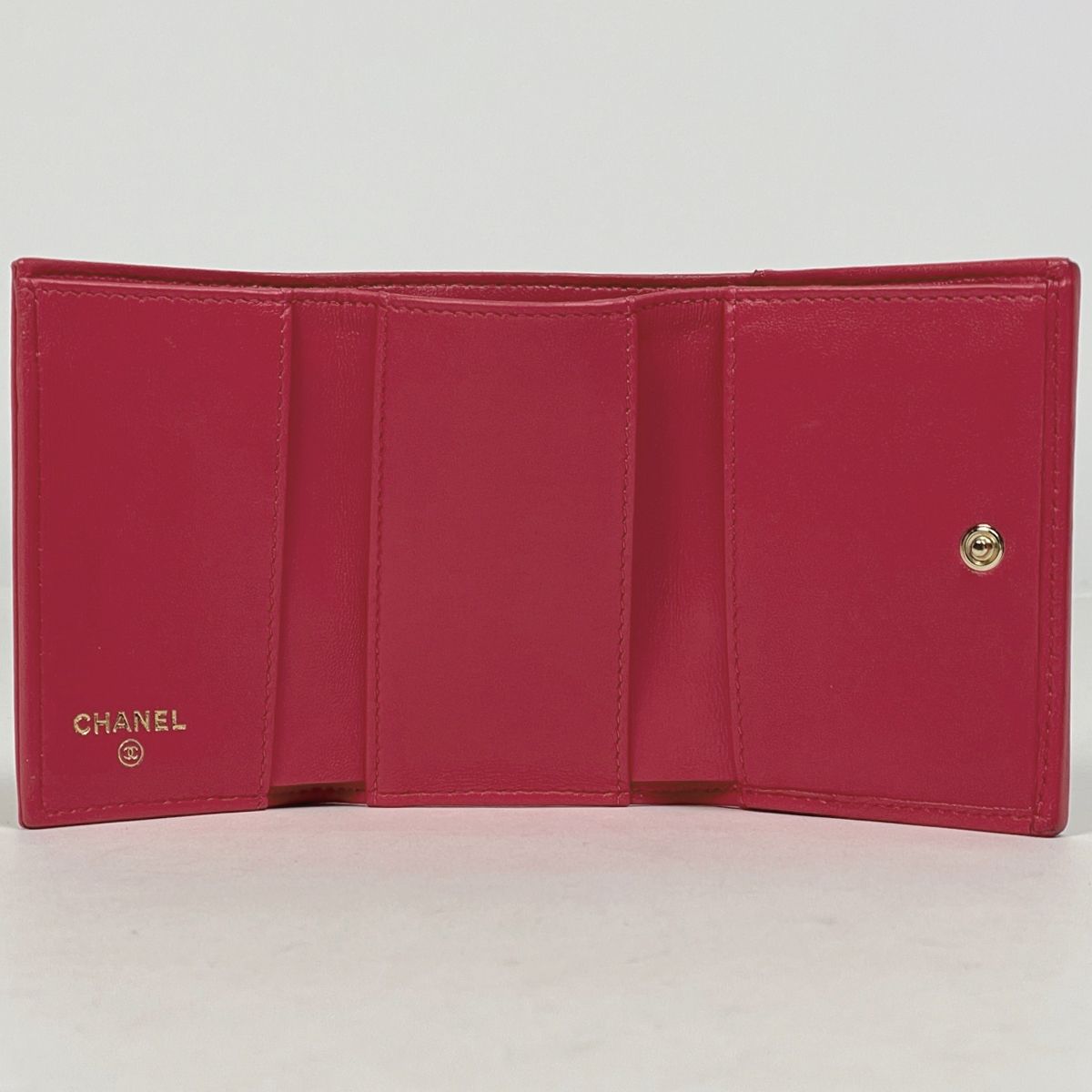Chanel CC Logo Trifold Wallet Compact Quilted Enamel Leather Pink — view 8