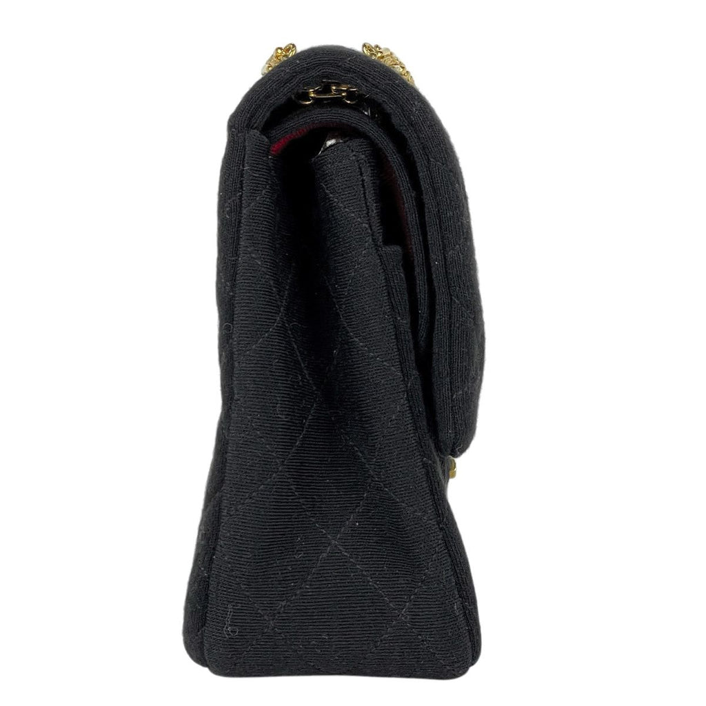Chanel Quilted Double Flap Chain Shoulder Bag CC Logo Jersey Black — view 4