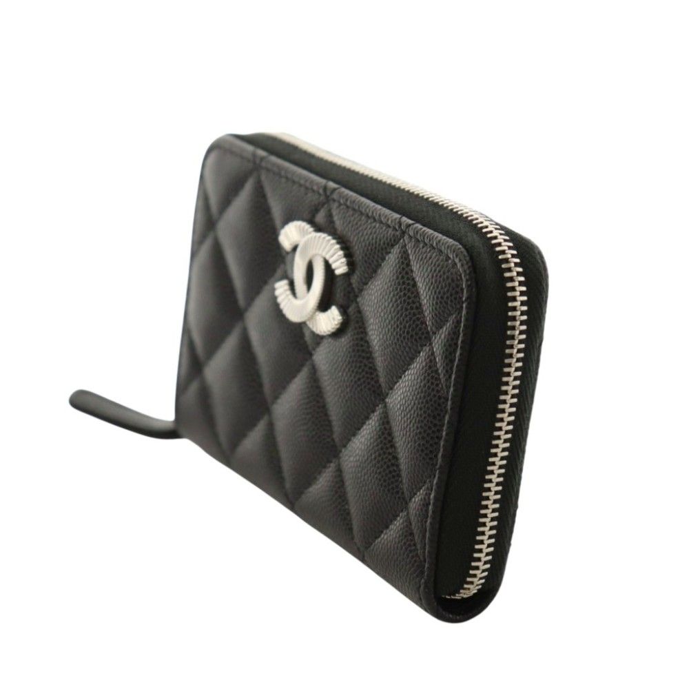 Chanel CC Logo Small Zip Wallet Gray Calfskin Caviar Quilted Black — view 2