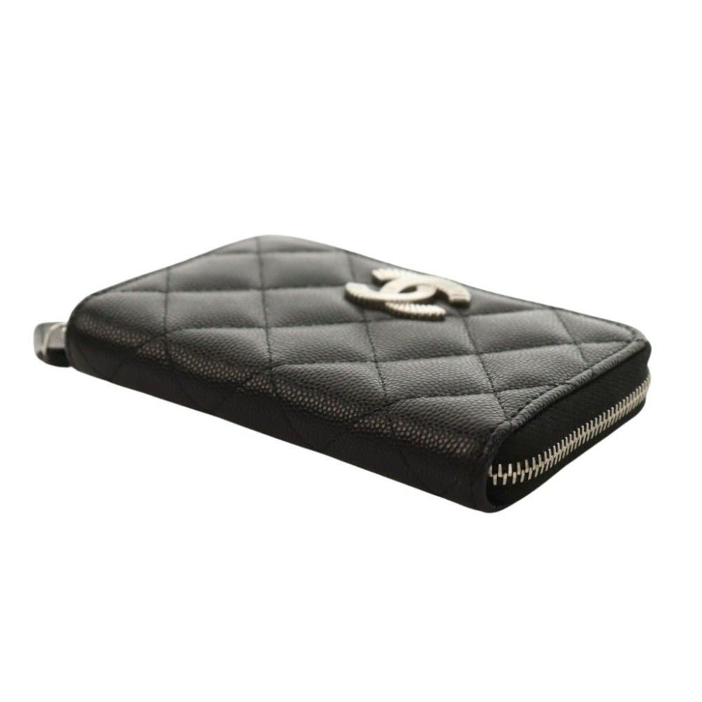 Chanel CC Logo Small Zip Wallet Gray Calfskin Caviar Quilted Black — view 4