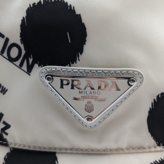 Prada Bucket Hat Nylon Triangle Logo Black White Dot Polka Dot Hat — view 3