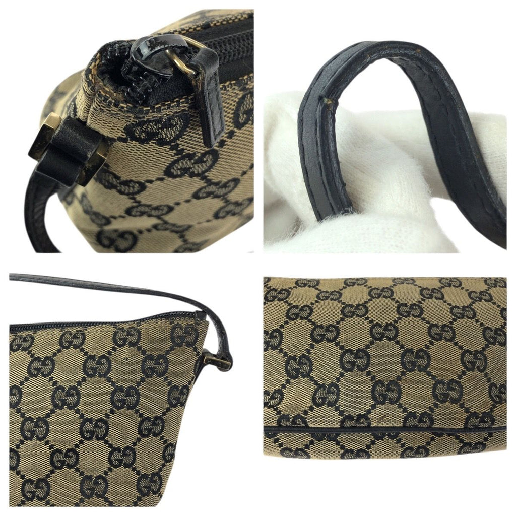 Gucci Beige Black Gold GG Canvas Leather Handbag Pouch — view 5