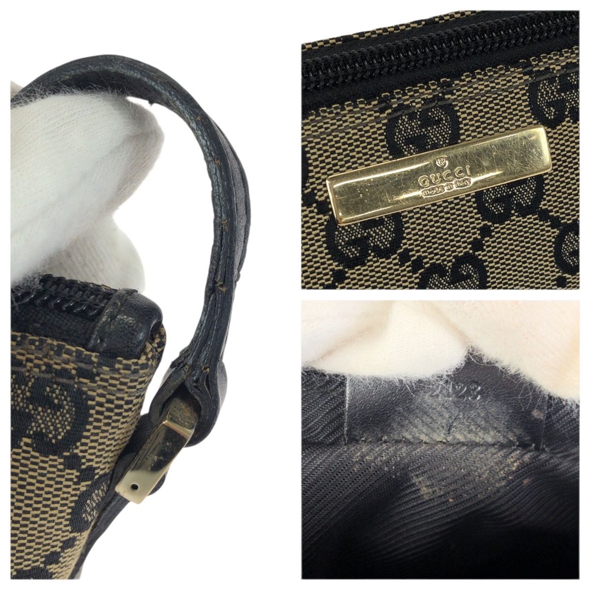 Gucci Beige Black Gold GG Canvas Leather Handbag Pouch — view 6