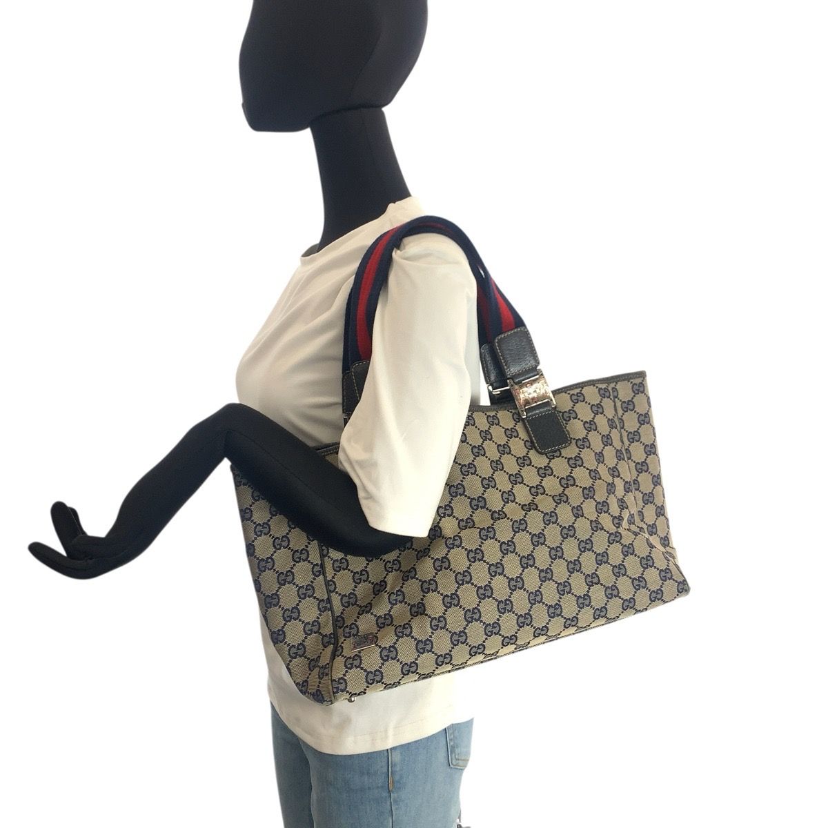Gucci Sherry Line Navy Silver GG Canvas Leather Tote Shoulder Bag — view 7