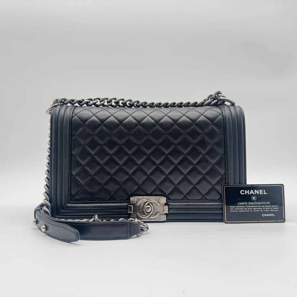 Chanel Large Shoulder Bag CC Logo Quilted Silver Black Leather