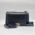 Chanel Large Shoulder Bag CC Logo Quilted Silver Black Leather