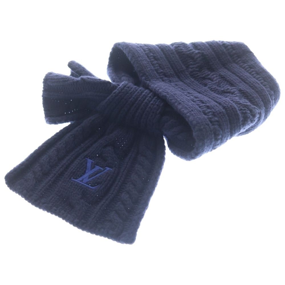 Louis Vuitton Embroidery Logo Wool Knit Shawl Scarf Navy — view 5