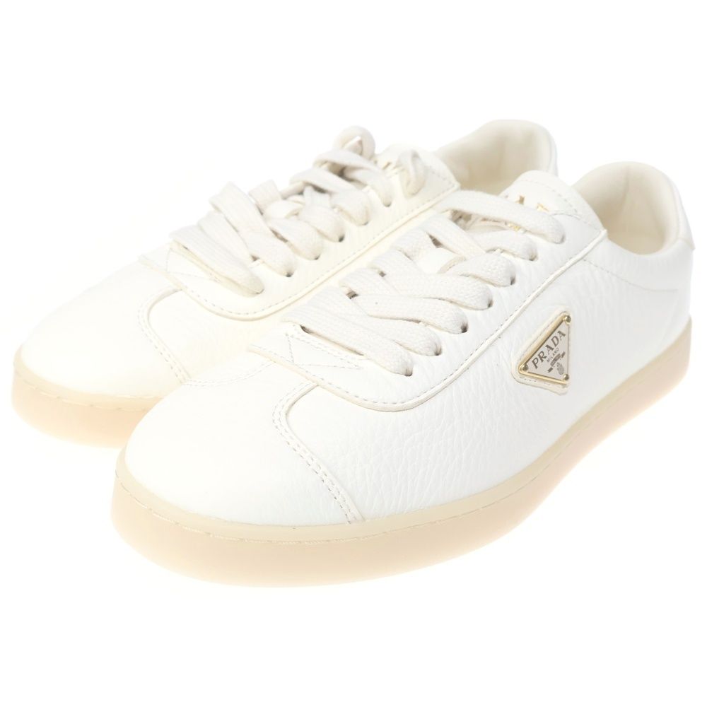 Prada Triangle Logo Leather Low Cut Sneakers White — view 2