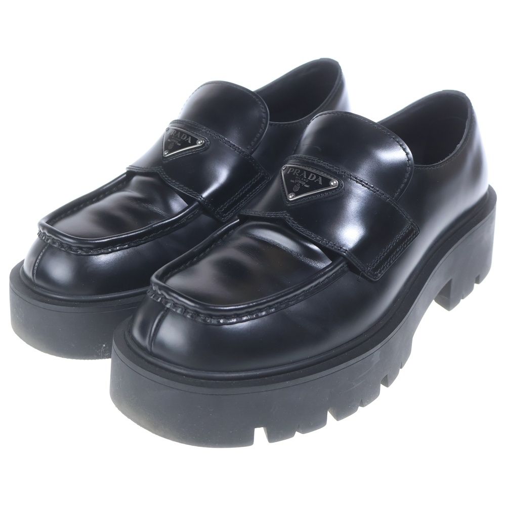 Prada Triangle Plate Logo Brushed Leather Loafers Black — view 2