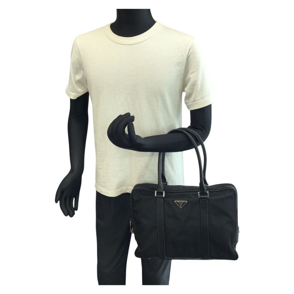 Prada Tessuto Saffiano Black Silver Nylon Leather Business Tote — view 7