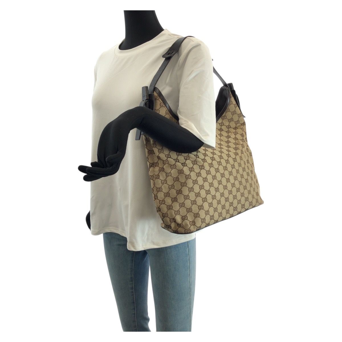 Gucci Beige Dark Brown GG Canvas Leather Shoulder Bag — view 7