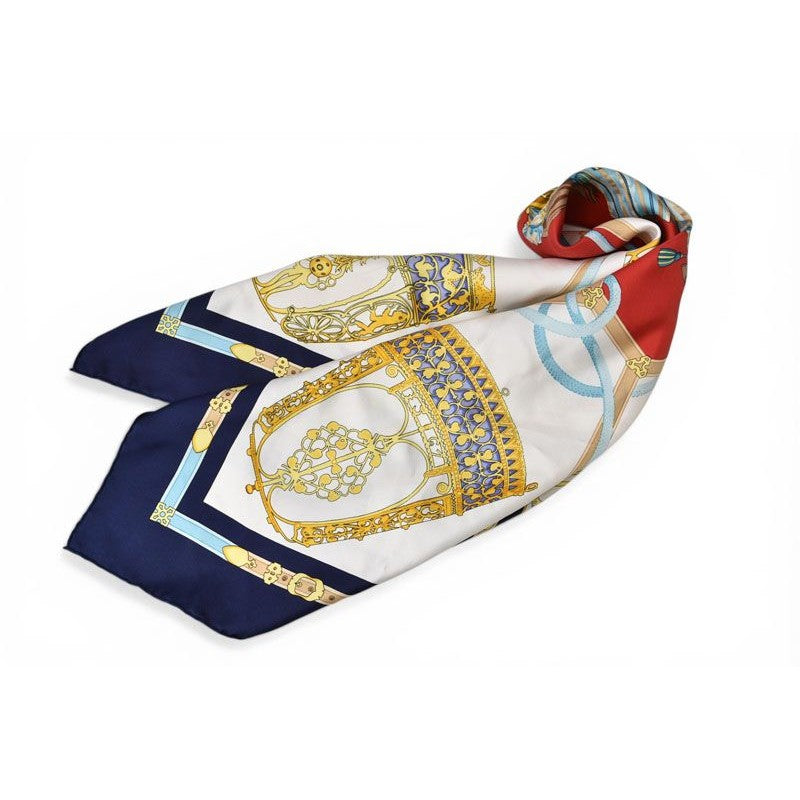 Hermes Carre 90 les Muserolles Nose Leather 100% Navy White Scarf — view 7