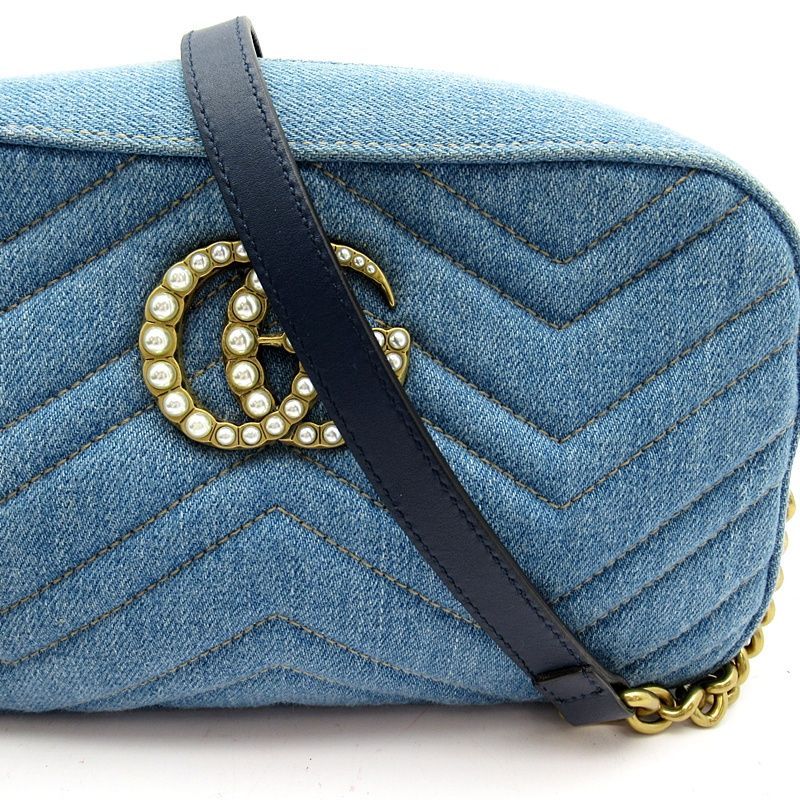 Gucci GG Marmont Quilted Small Camera Bag Denim Leather Blue — view 2
