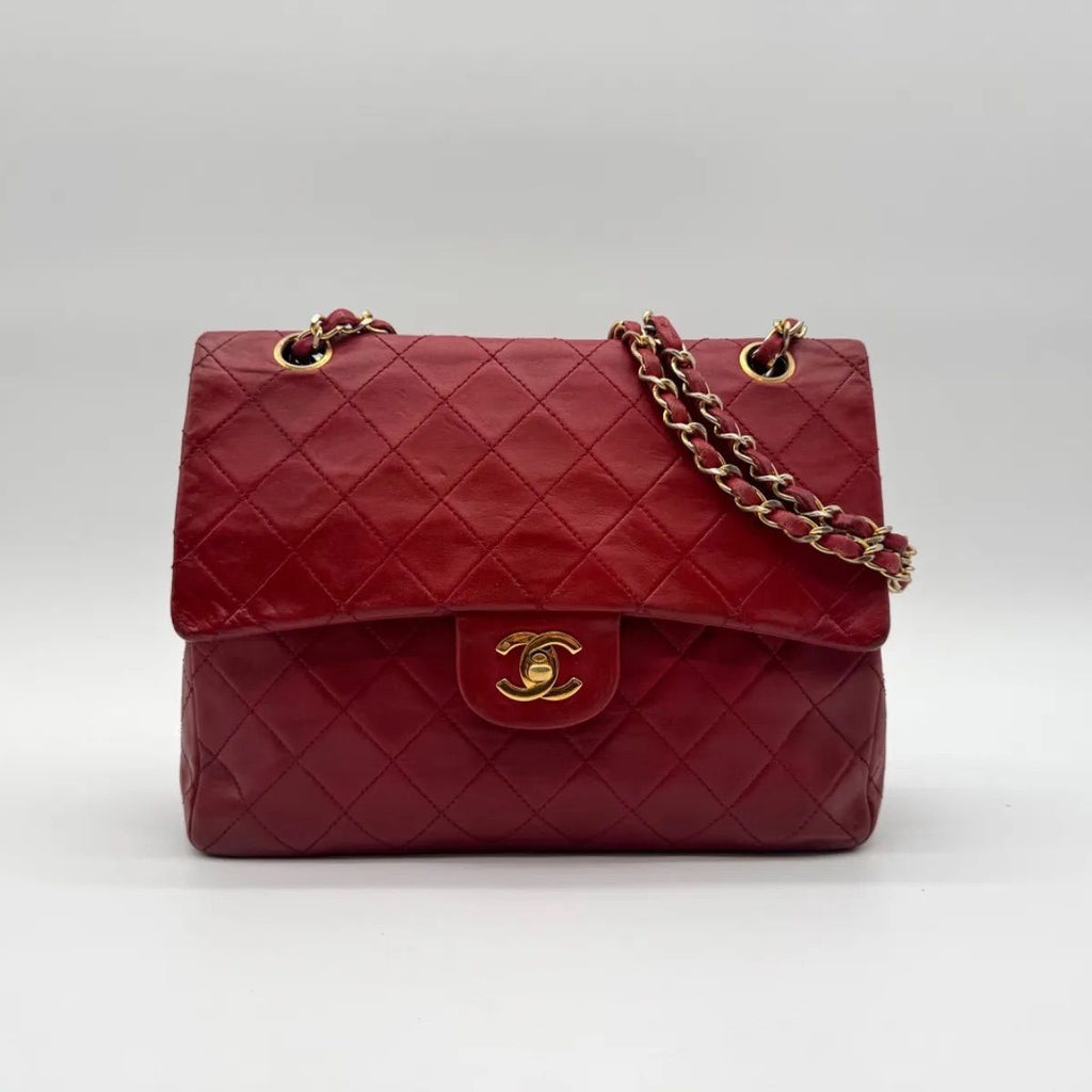 Chanel Shoulder Bag Quilted Turnlock CC Logo Gold Chain Red Leather Double Flap