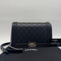 Chanel Shoulder Bag CC Logo Silver Leather Navy with Shield Chain