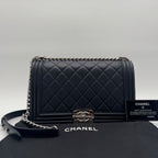 Chanel Shoulder Bag CC Logo Silver Leather Navy with Shield Chain