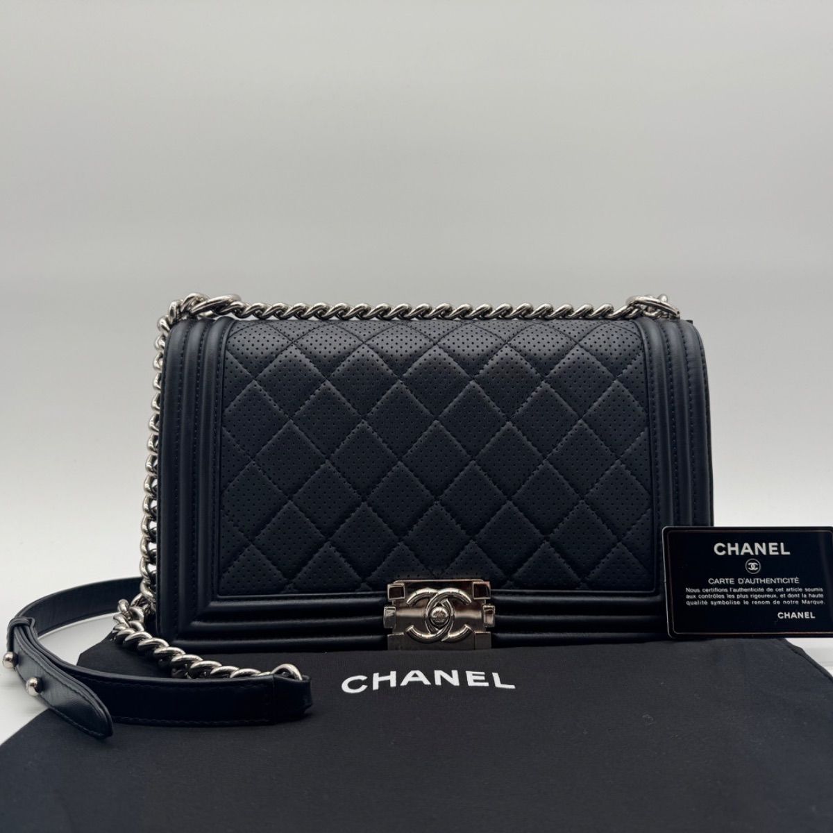 Chanel Shoulder Bag CC Logo Silver Leather Navy with Shield Chain