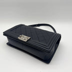 Chanel Shoulder Bag CC Logo Silver Leather Navy with Shield Chain — view 7
