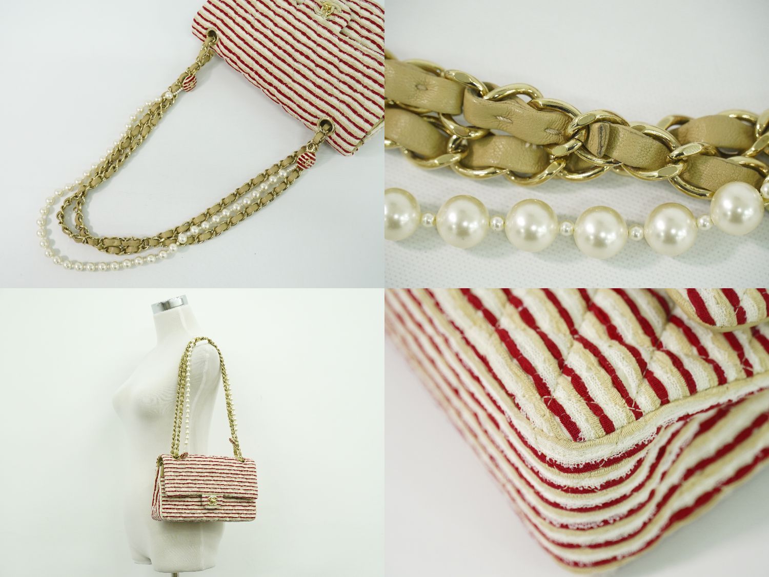 Chanel Coco Sailor Quilted Double Flap Chain Shoulder Bag Canvas Red Beige White — view 6