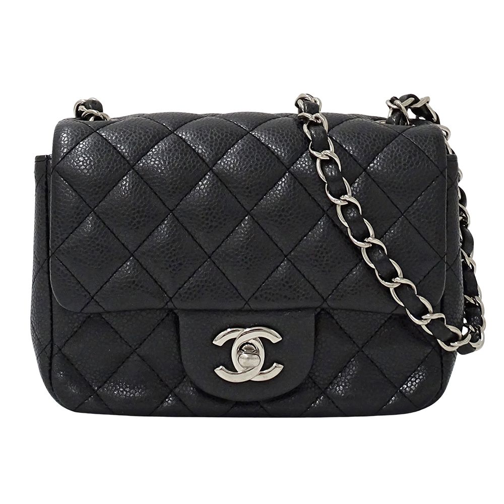 Chanel Quilted Mini Shoulder Bag Caviar Leather Black Silver Chain Bag Small