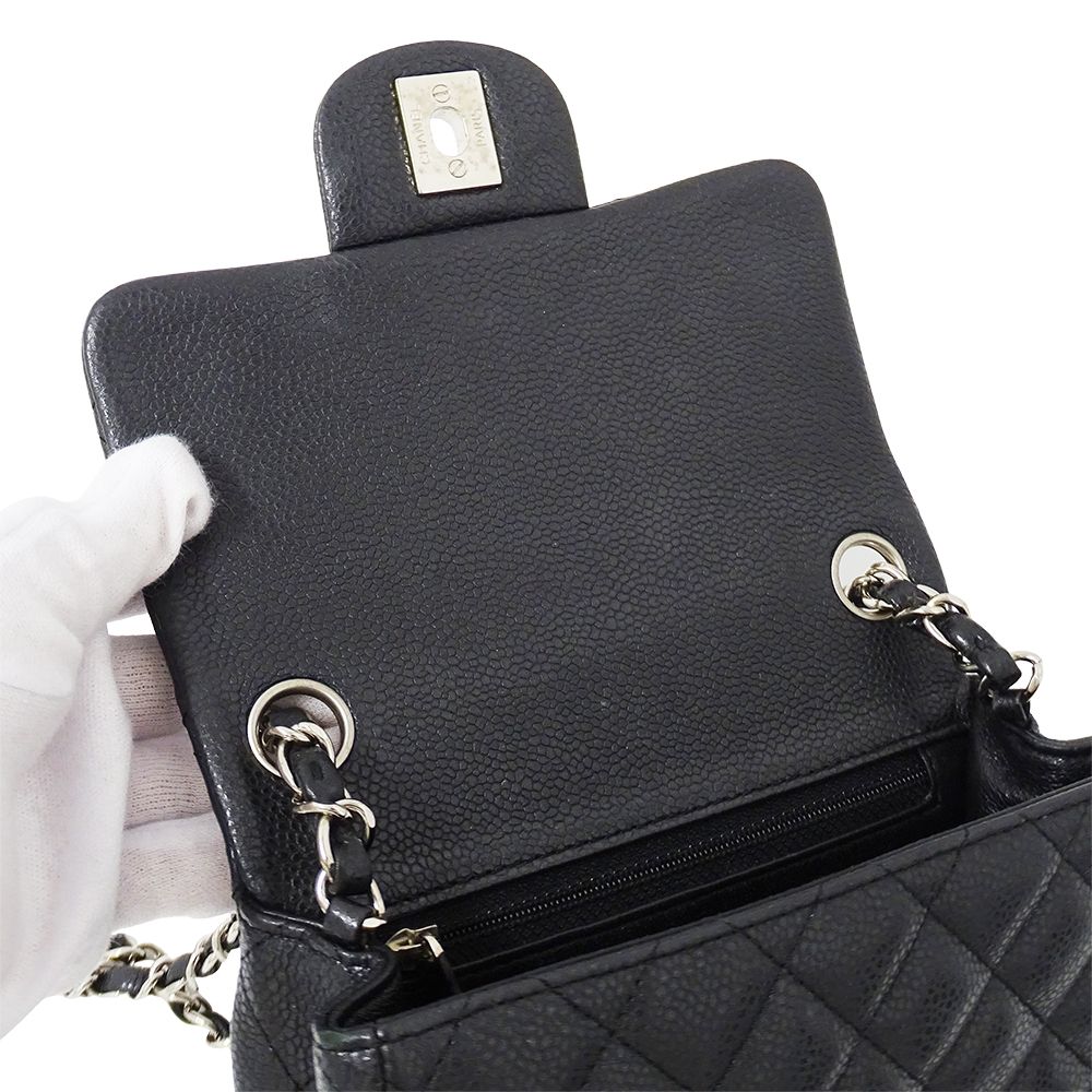 Chanel Quilted Mini Shoulder Bag Caviar Leather Black Silver Chain Bag Small — view 8