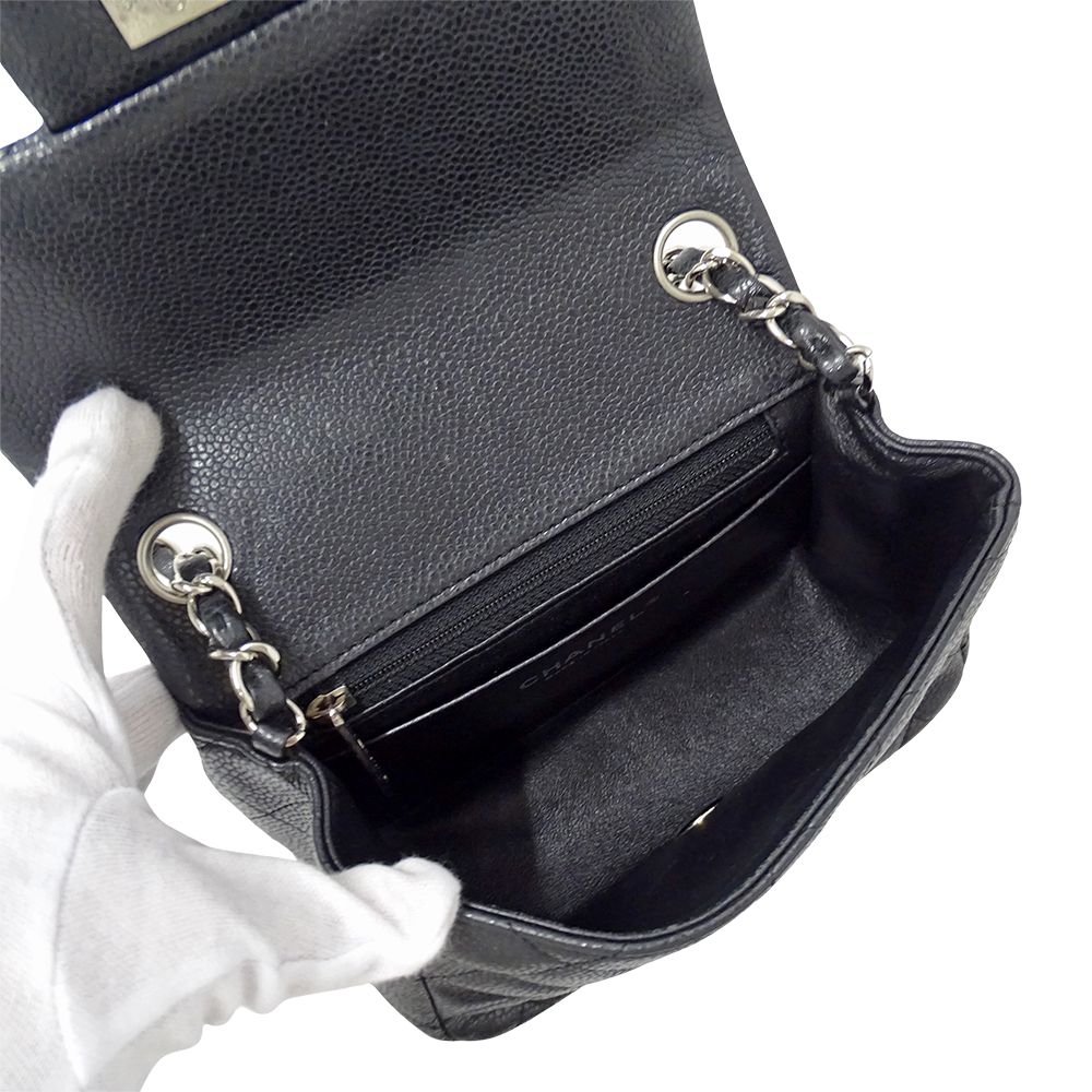 Chanel Quilted Mini Shoulder Bag Caviar Leather Black Silver Chain Bag Small — view 5