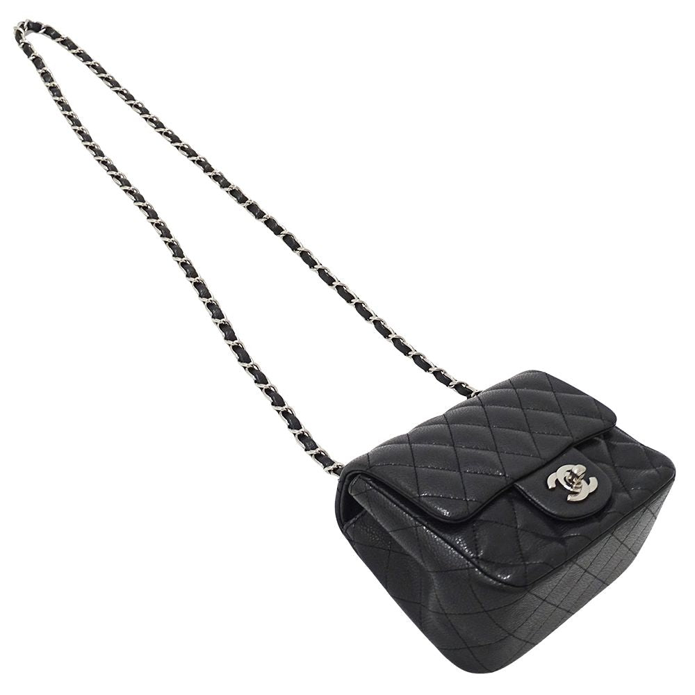 Chanel Quilted Mini Shoulder Bag Caviar Leather Black Silver Chain Bag Small — view 4