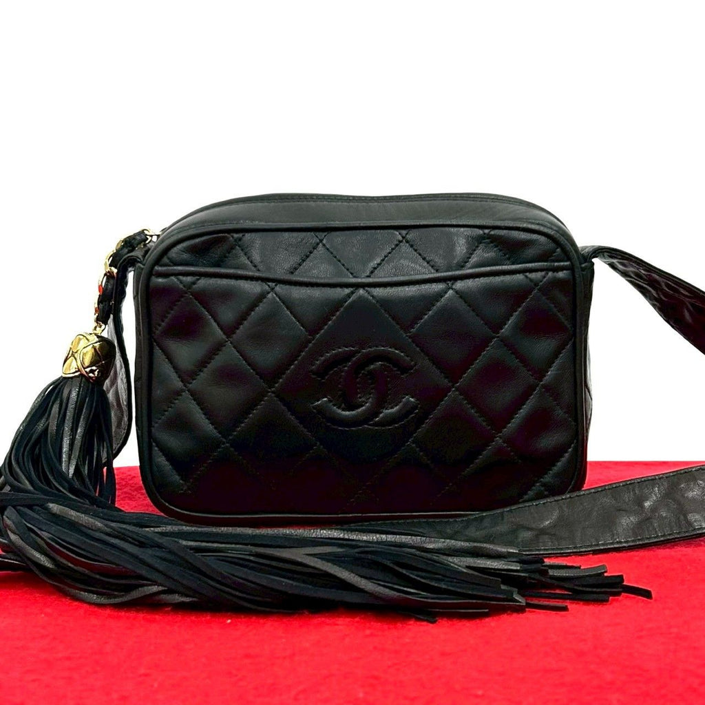Chanel Quilted CC Logo Fringe Tassel Lambskin Mini Shoulder Bag Black