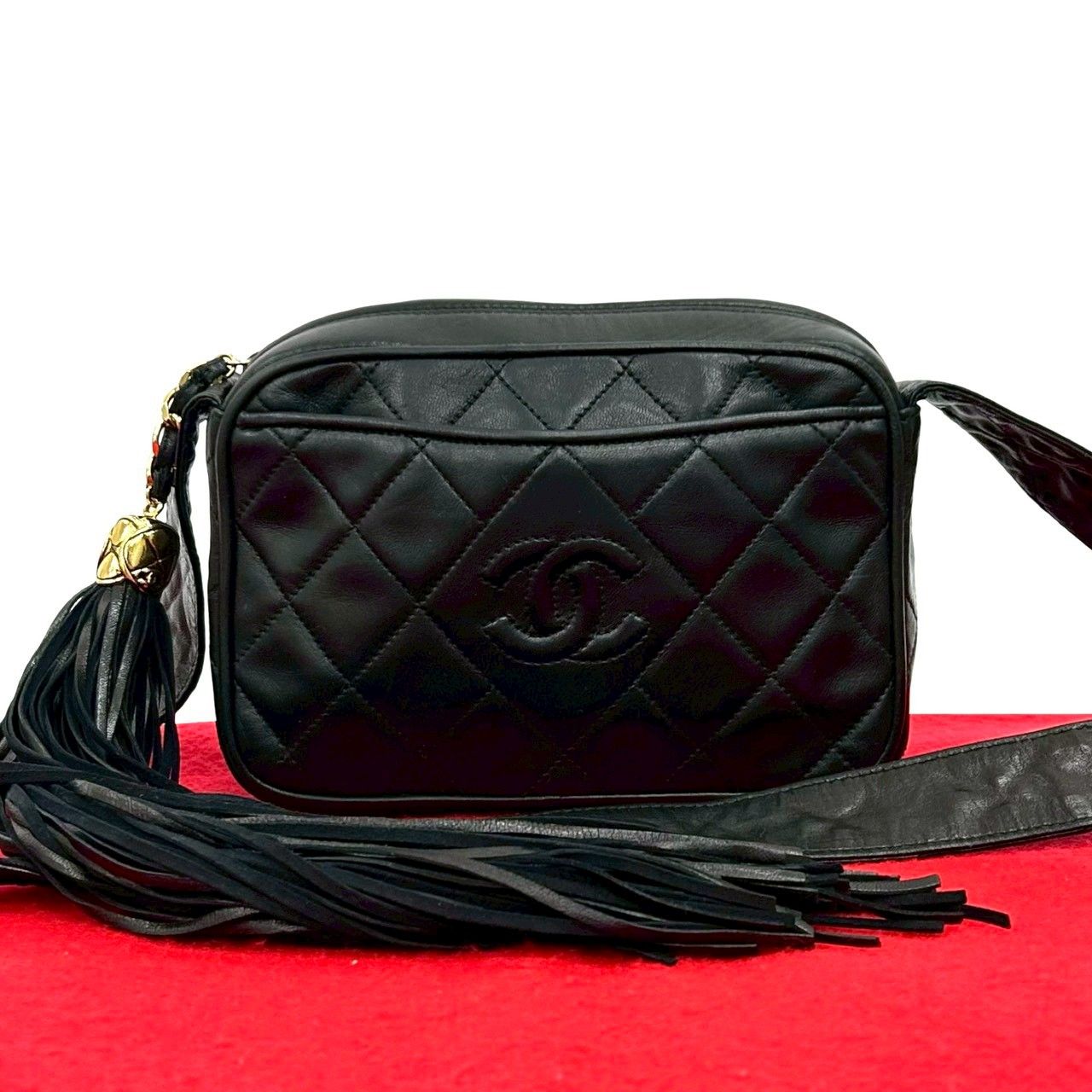 Chanel Quilted CC Logo Fringe Tassel Lambskin Mini Shoulder Bag Black