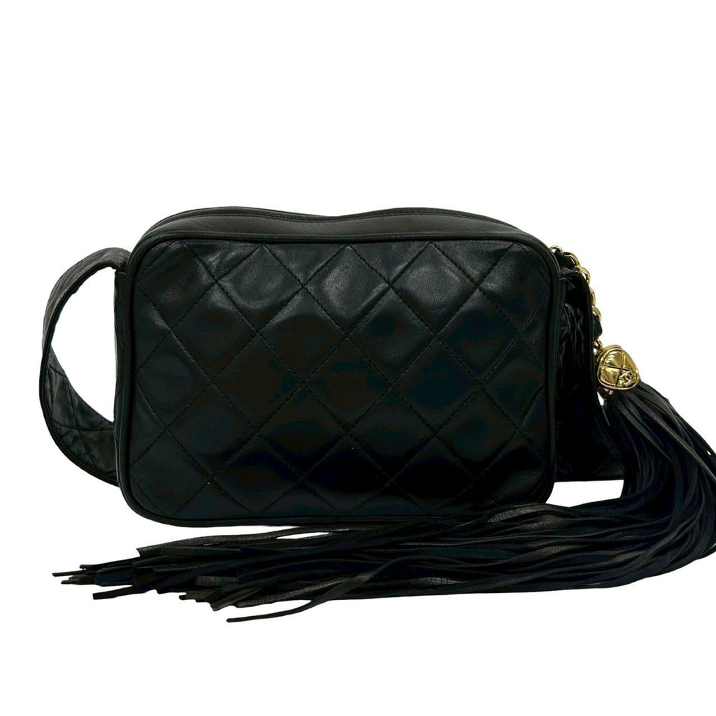 Chanel Quilted CC Logo Fringe Tassel Lambskin Mini Shoulder Bag Black — view 3