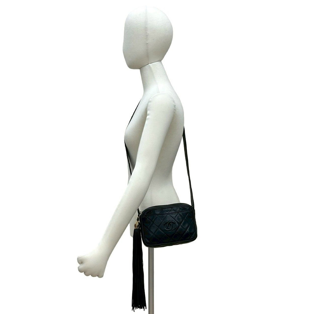Chanel Quilted CC Logo Fringe Tassel Lambskin Mini Shoulder Bag Black — view 2