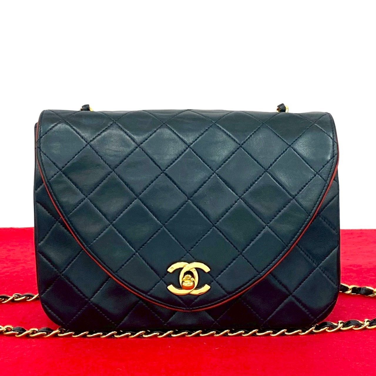 Chanel Quilted CC Logo Lambskin Shoulder Bag Navy Red Bicolor