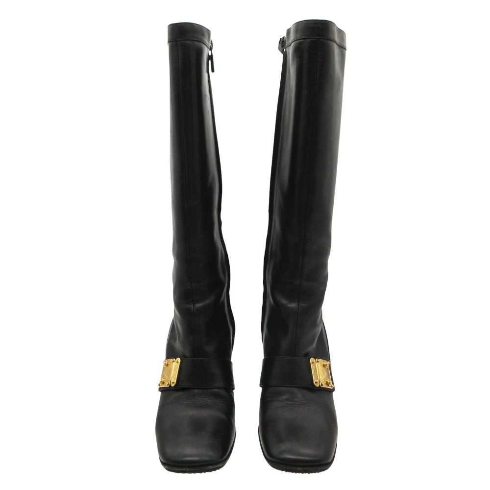 Louis Vuitton Boots Gold Buckle Leather Long Shoes Chunky Heels Side Zip Black — view 3