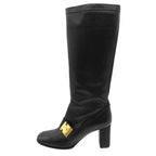 Louis Vuitton Boots Gold Buckle Leather Long Shoes Chunky Heels Side Zip Black