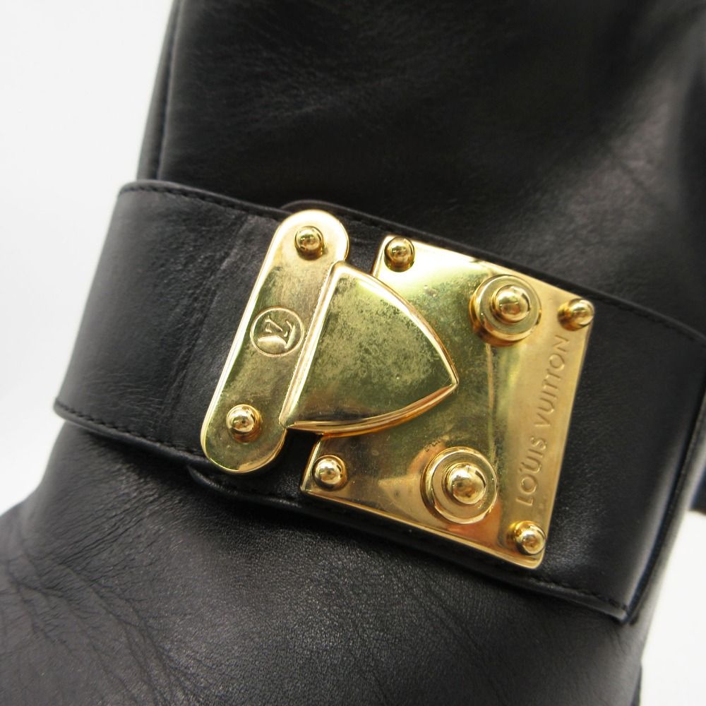 Louis Vuitton Boots Gold Buckle Leather Long Shoes Chunky Heels Side Zip Black — view 7