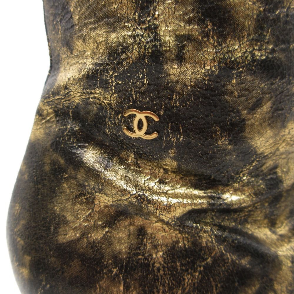 Chanel Boots CC Logo Low Heels Side Zip Long Shoes Gold — view 6
