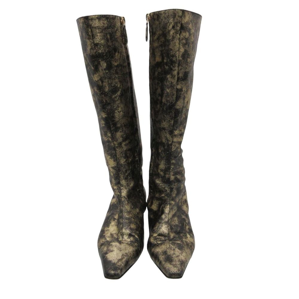 Chanel Boots CC Logo Low Heels Side Zip Long Shoes Gold — view 4