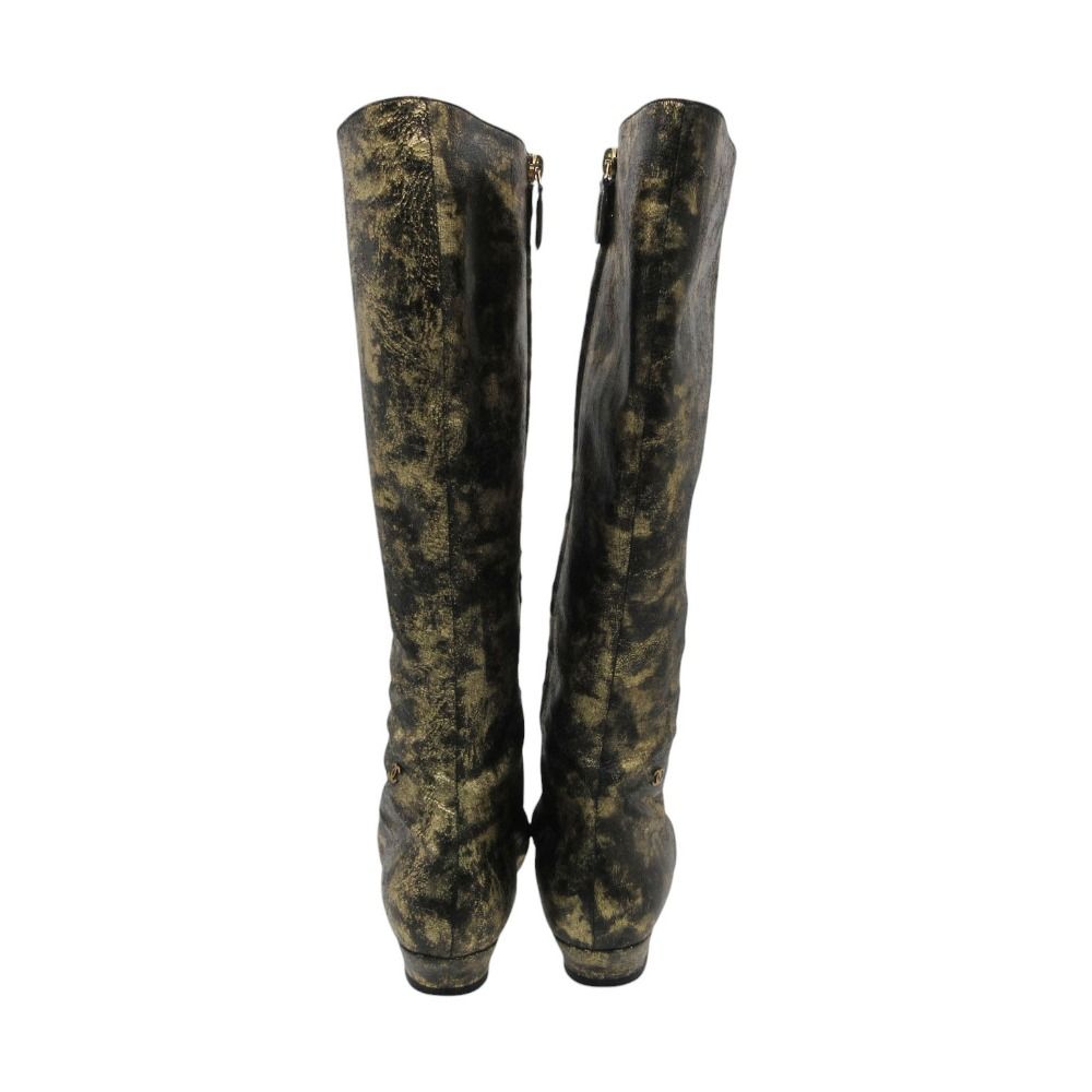 Chanel Boots CC Logo Low Heels Side Zip Long Shoes Gold — view 5