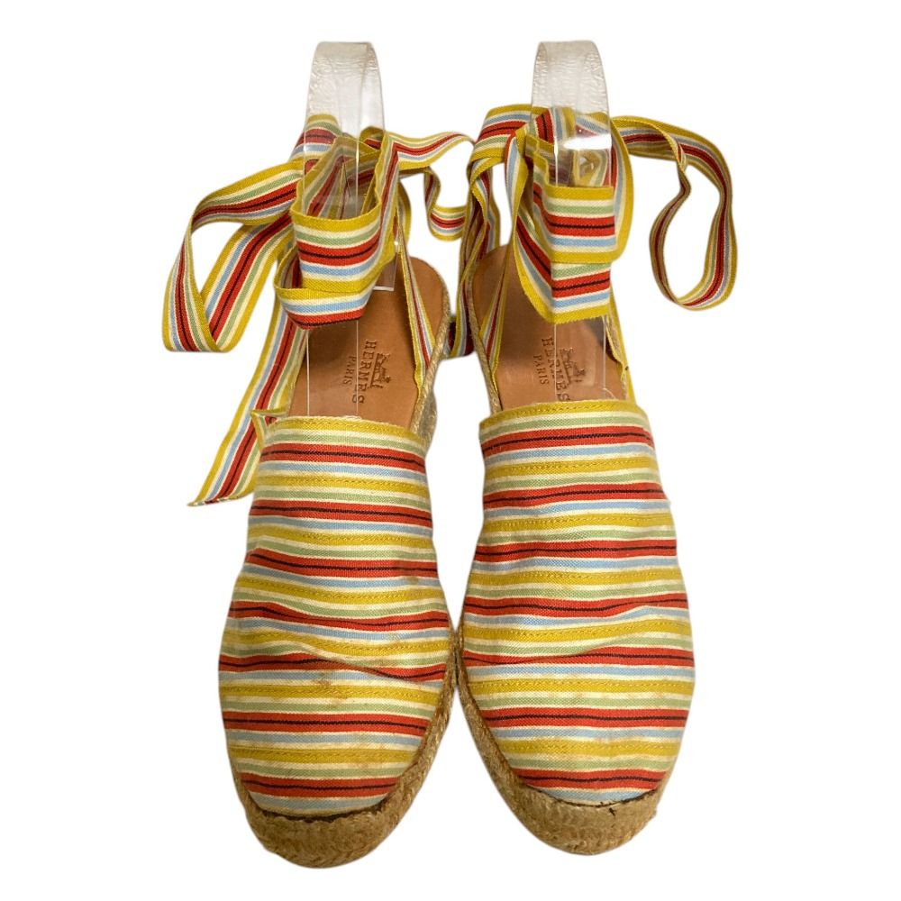 Hermes Striped Ribbon Strap Jute Sandals 37 Multicolor — view 5