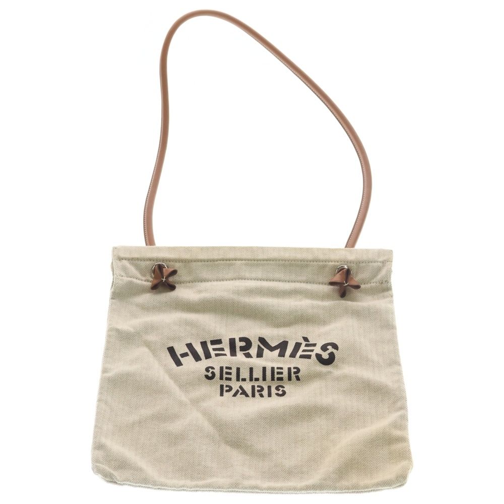 Hermes Sac Aline MM Front Logo Canvas Fabric Leather Shoulder Bag Beige