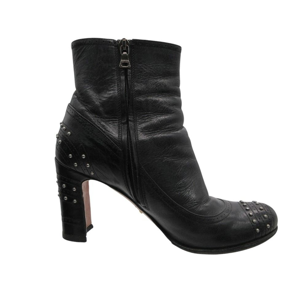 Prada Boots Cowhide Leather Studs Short Shoes Side Zip Black — view 2