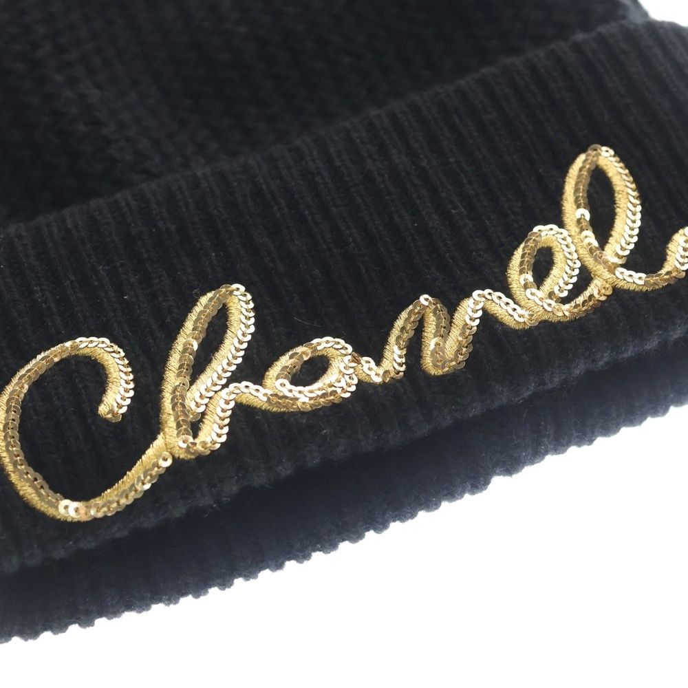 Chanel Sequin Logo Cashmere Knit Hat Black — view 5
